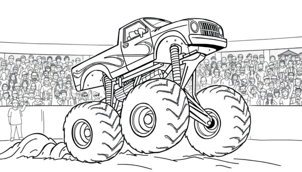 Monstertruck kleurplaat met kind dat zwaait