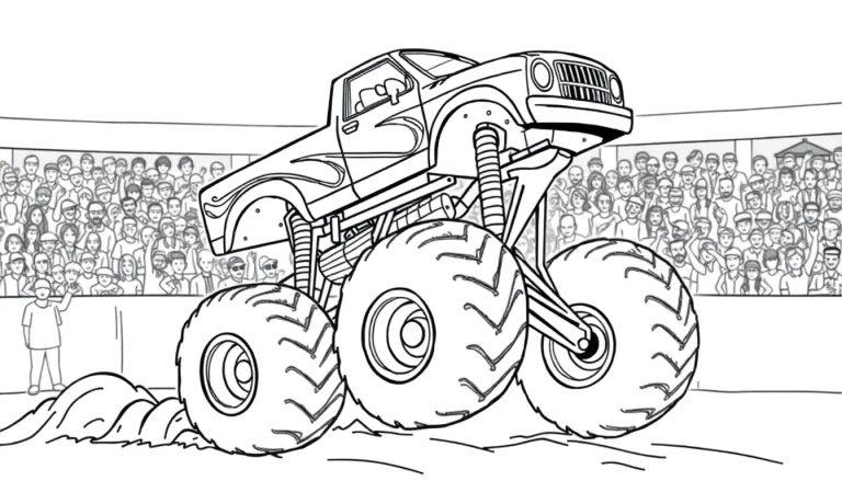 Monstertruck kleurplaat met kind dat zwaait