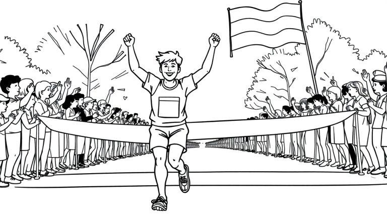 Kleurplaat van een blije hardloper die de finish haalt!