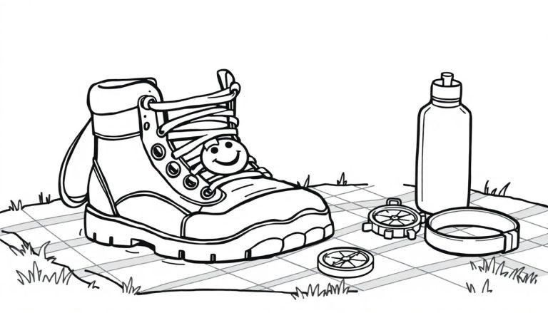 Wandelschoen kleurplaat met smiley gezicht, kompassen en waterfles op een kleedje.