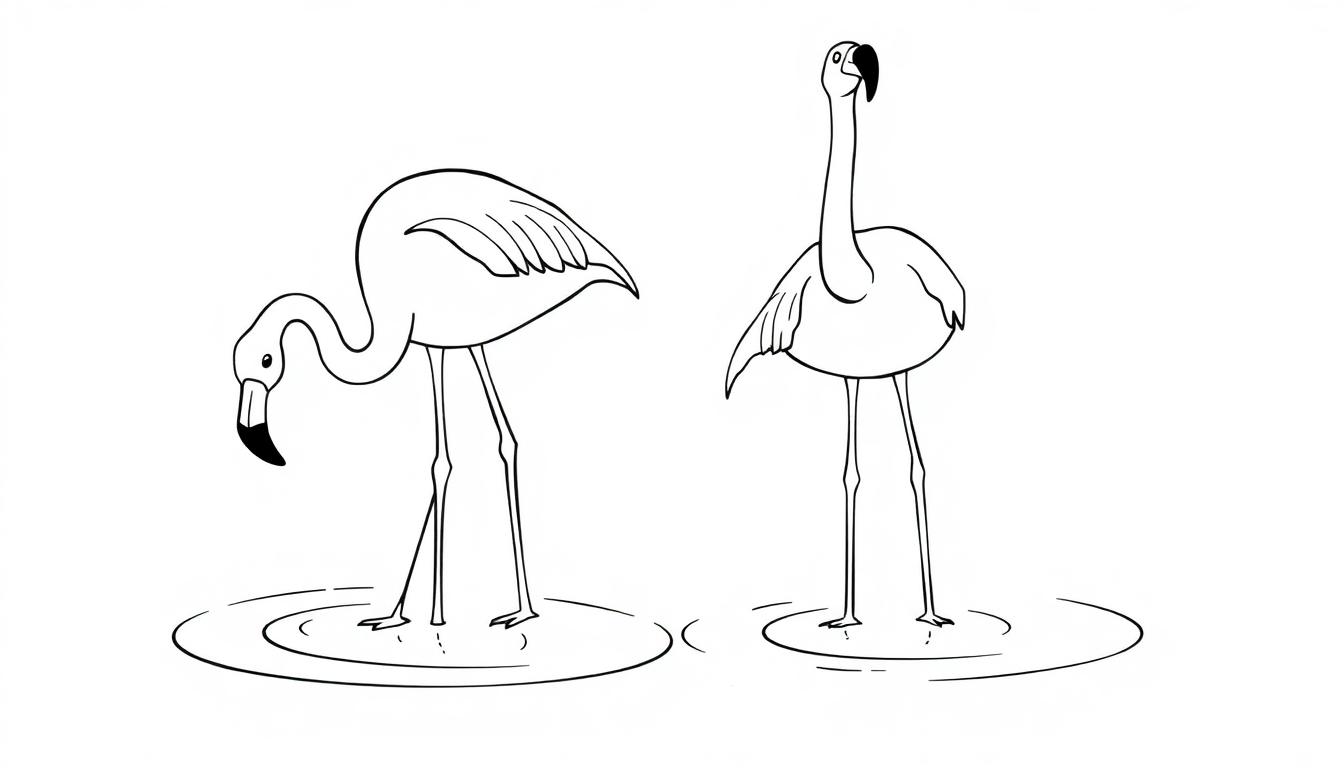 Kleurplaat van twee simpele flamingo's in het water