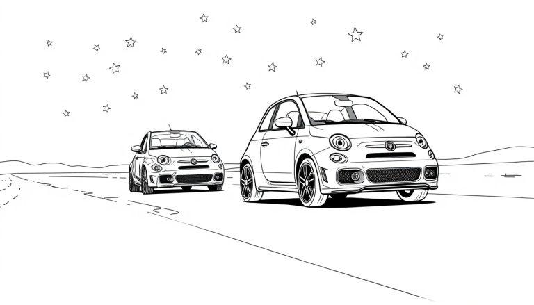 Kleurplaat van twee Fiat 500 Abarth auto's op een weg onder de sterrenhemel.