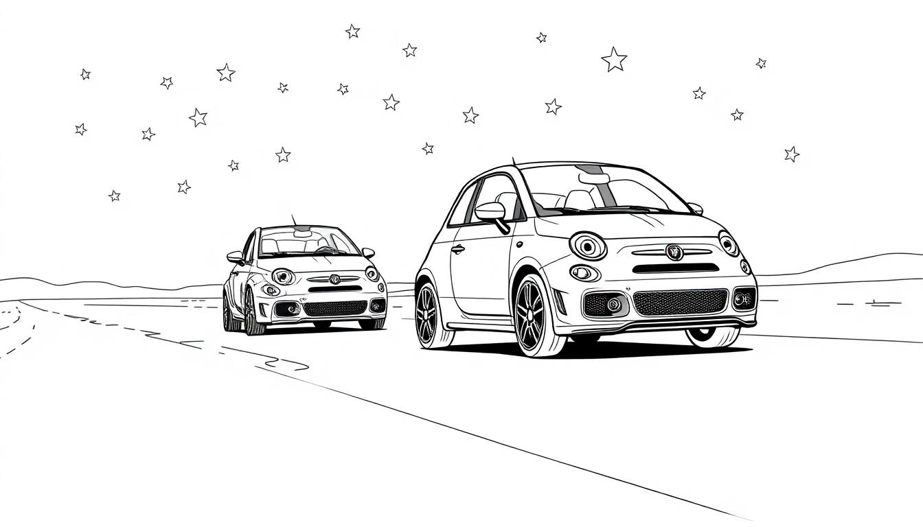 Kleurplaat van twee Fiat 500 Abarth auto's op een weg onder de sterrenhemel.
