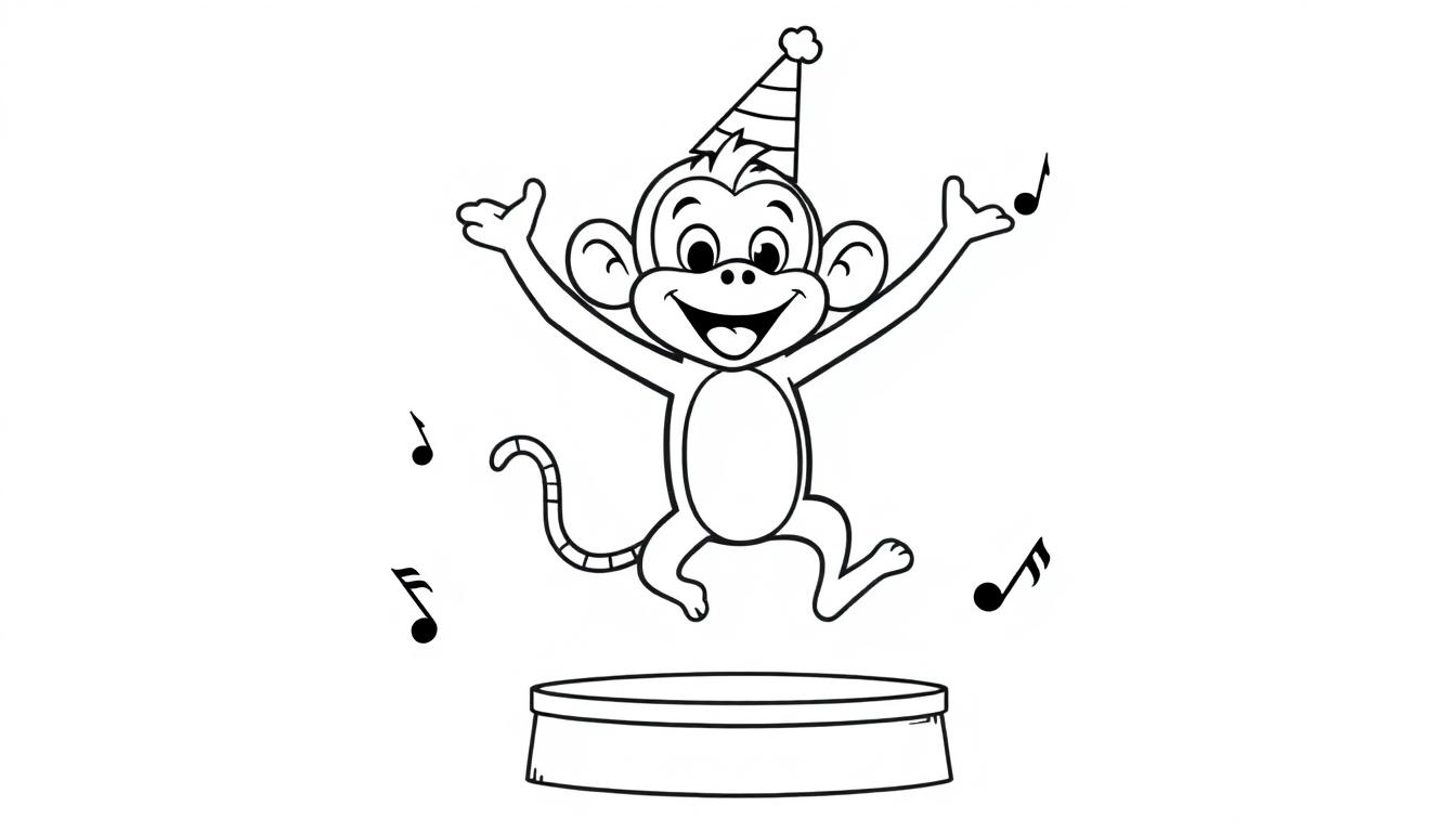 Zwart-wit kleurplaat van een vrolijke aap met feestmuts die danst.