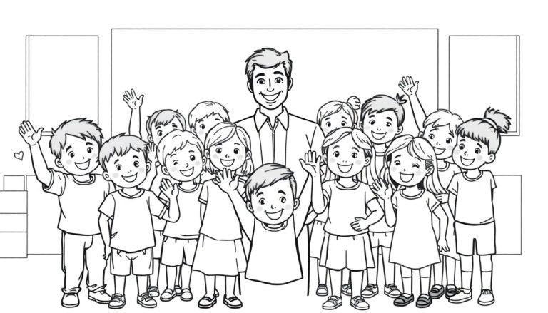Een zwart-wit kleurplaat van een leraar en kinderen die lachen en zwaaien.