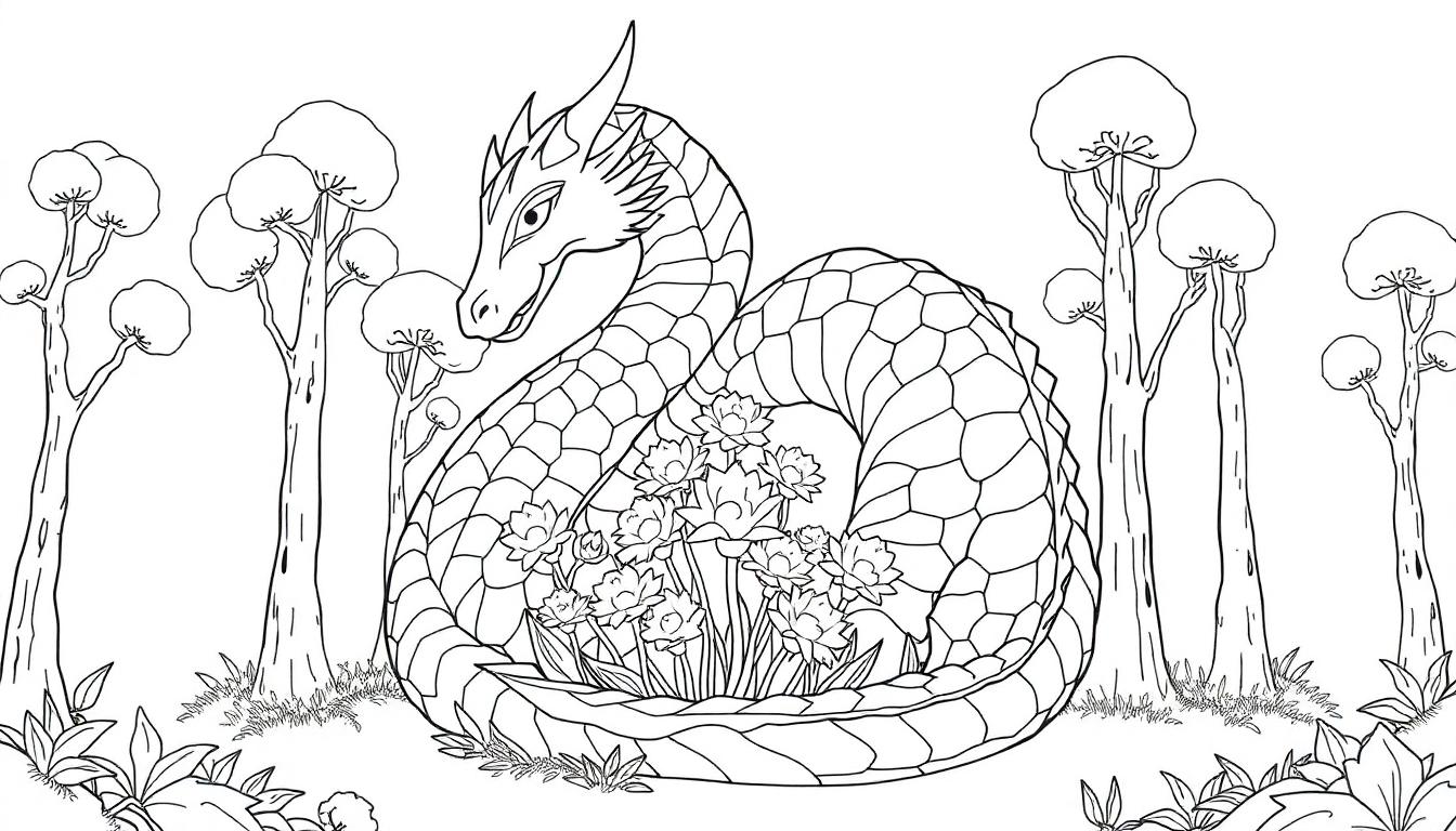 Een kleurplaat van een draak die om bloemen heen gewikkeld is in een bos.