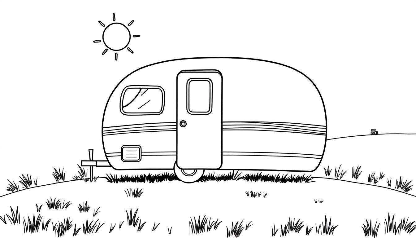 Kleurplaat van Bumba bij een caravan op een heuvel.