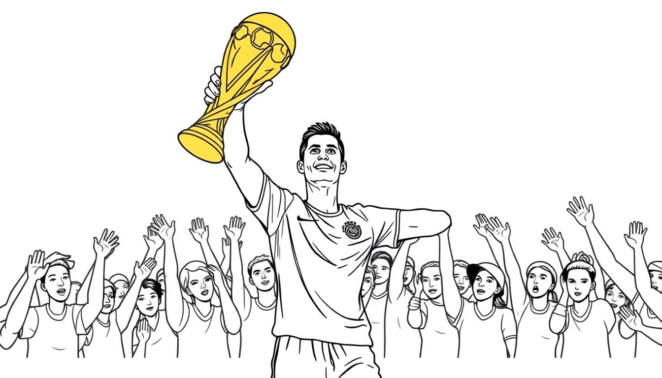 Kleurplaat van Cristiano Ronaldo die de Wereldbeker wint, omringd door juichende fans.