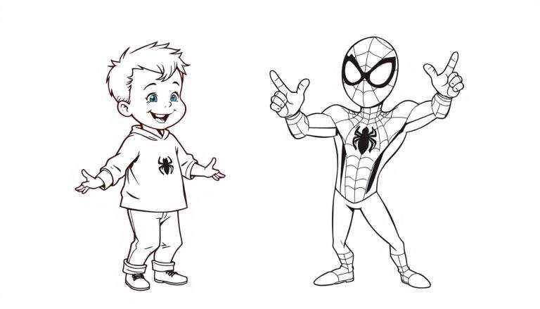 Kleurplaat van een jongen die danst met Spider-Man