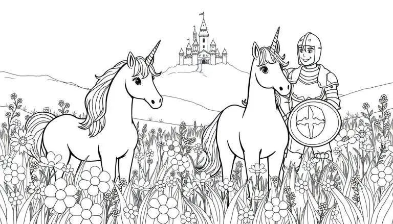 Zwart-wit tekening van twee eenhoorns en een ridder voor een kasteel, als een kleurplaat.