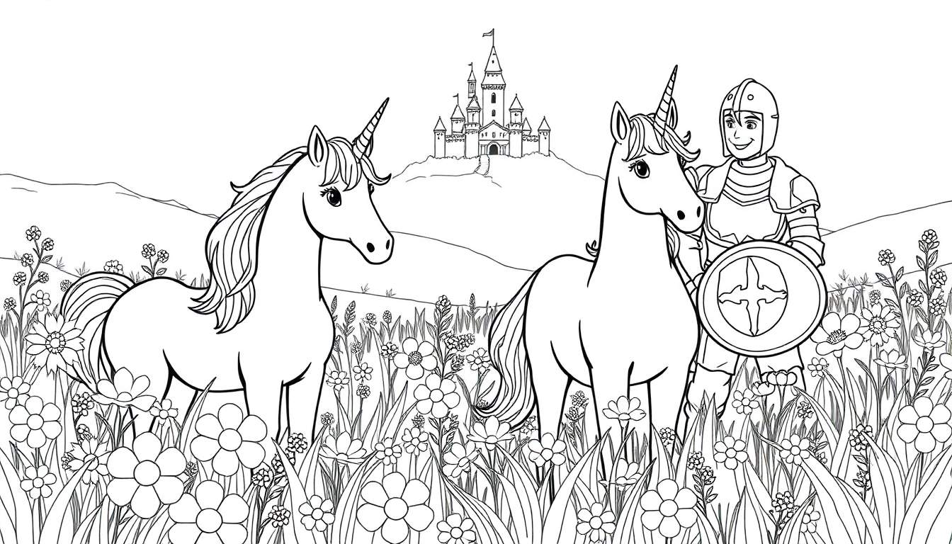 Zwart-wit tekening van twee eenhoorns en een ridder voor een kasteel, als een kleurplaat.