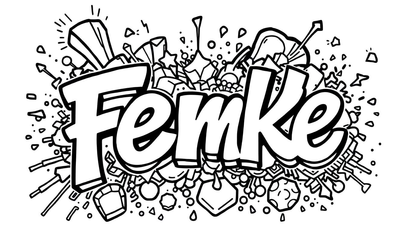 Zwart-wit graffiti met de naam Femke en drukke achtergrond, als kleurplaat.