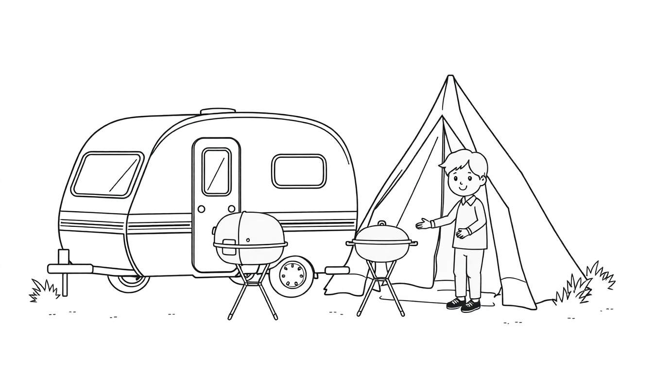Kleurplaat van een camping met kampeerwagen, tent en barbecue.