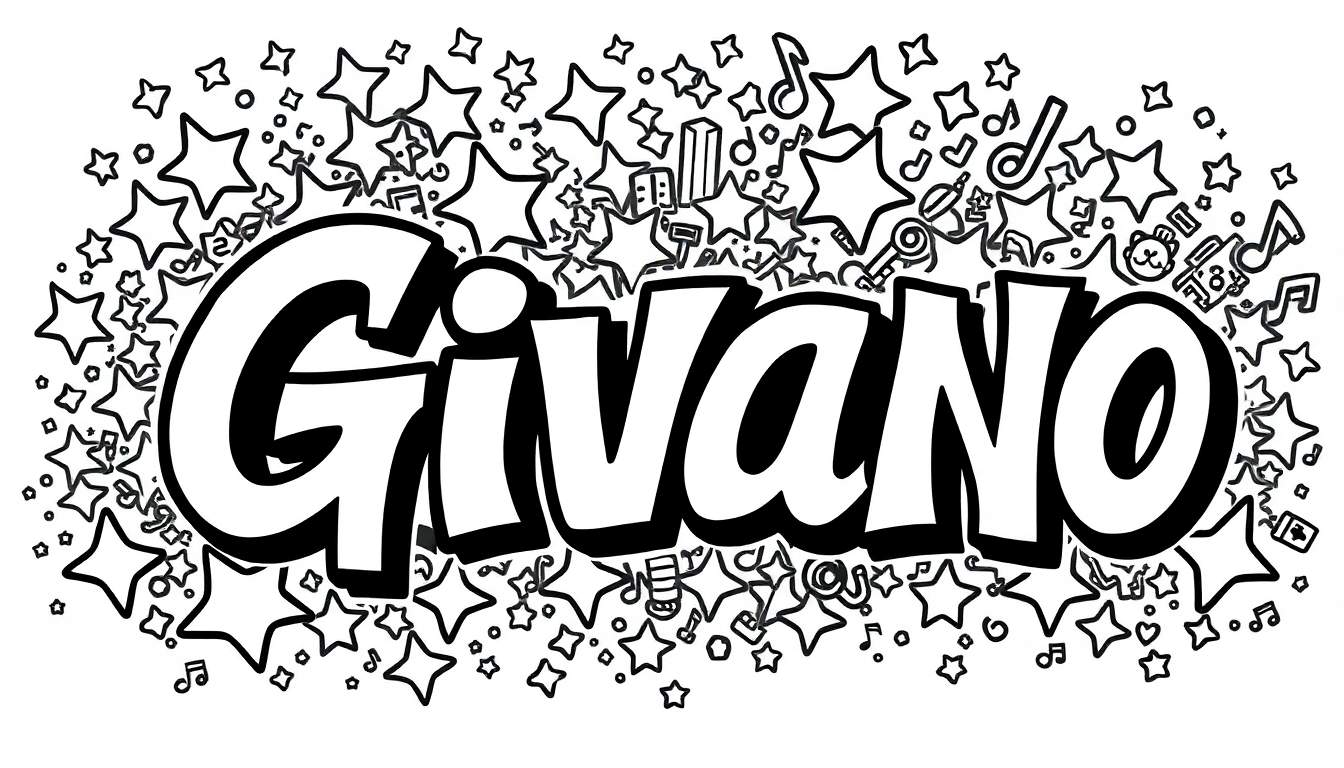 Kleurplaat met de naam Givano in grote graffiti letters, versierd met sterren en muzieknoten.