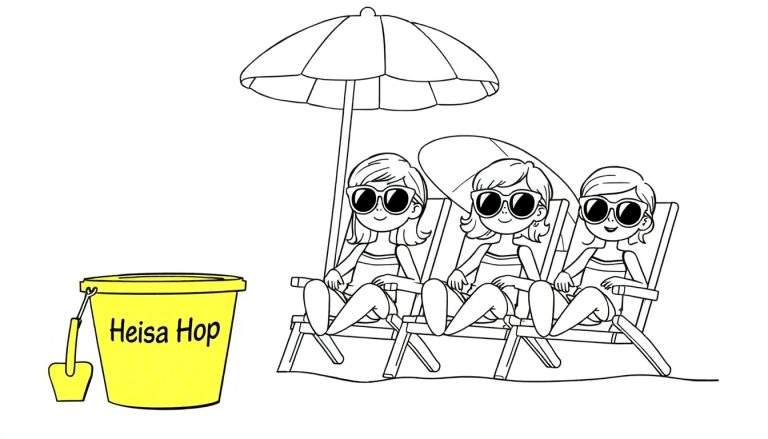 Een kleurplaat van drie meisjes die op het strand relaxen onder een parasol, met een emmer genaamd 'Heisa Hop'.