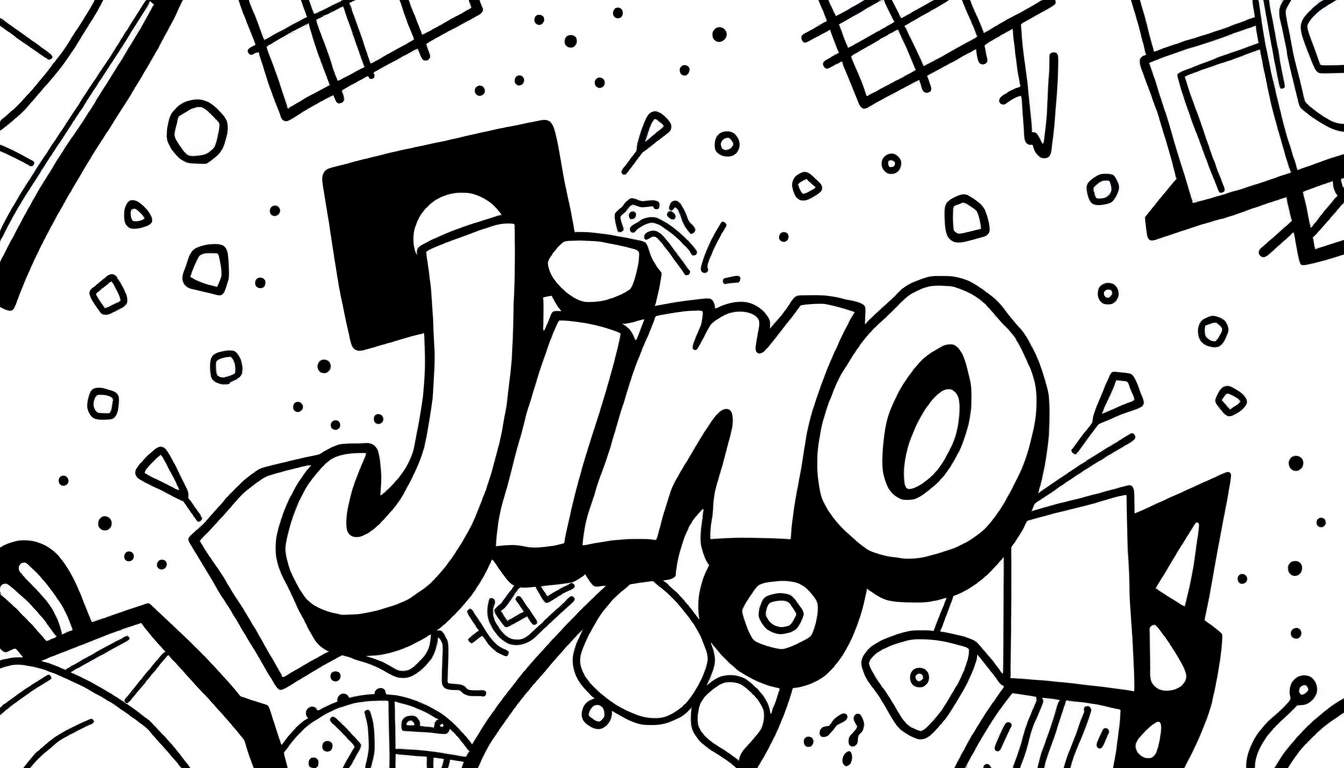 Kleurplaat van de naam Jino in graffiti stijl met een drukke, abstracte achtergrond.