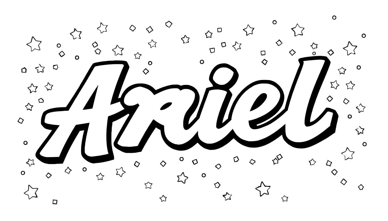 Een zwart-wit kleurplaat van de naam Ariel in een 3D graffiti-stijl met versieringen.