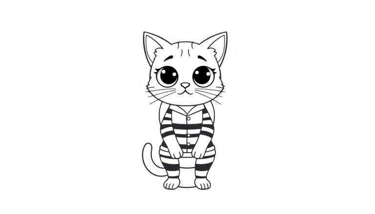 Kleurplaat van een kat die op twee poten staat met een gestreept shirt en broek.