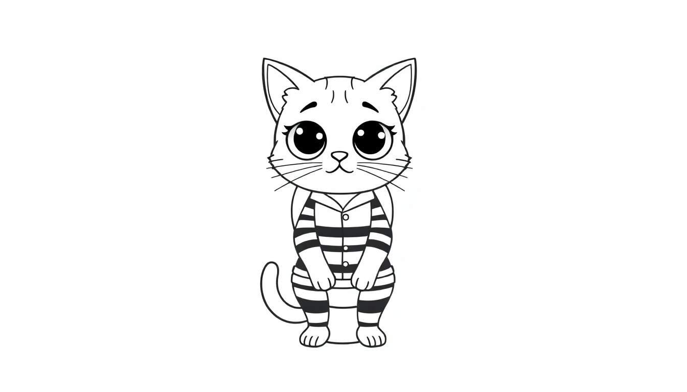 Kleurplaat van een kat die op twee poten staat met een gestreept shirt en broek.