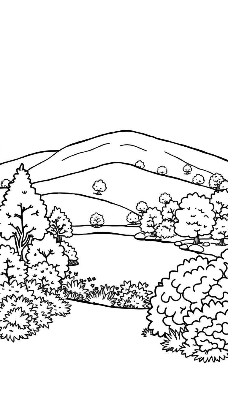 Zwart-wit kleurplaat van een heuvel met een meertje op de voorgrond, omringd door gedetailleerde bomen en struiken.
