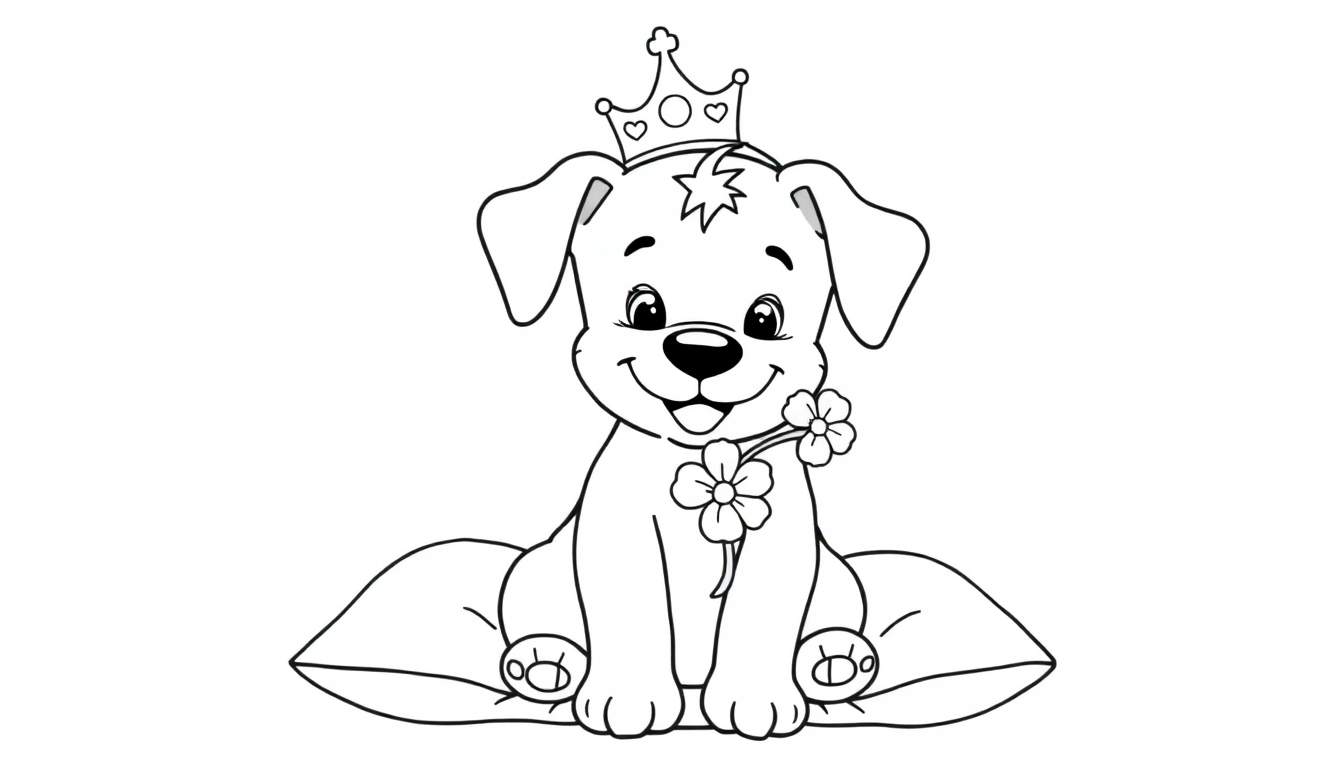 Een schattige cartoon hond in zwart-wit, klaar om ingekleurd te worden als kleurplaat, met een kroon en bloemen.