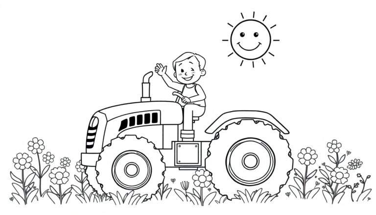 Kleurplaat van een jongen op een tractor in een bloemenveld.