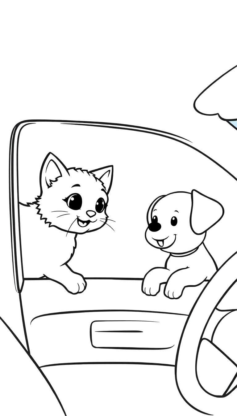 Kleurplaat van een kat en hond die uit een auto kijken.
