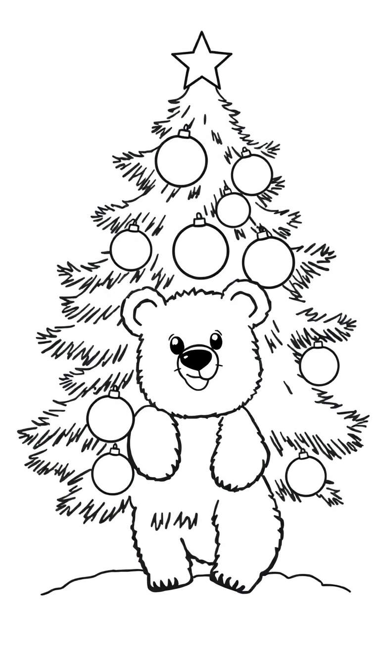 Kleurplaat van een teddybeer bij een kerstboom