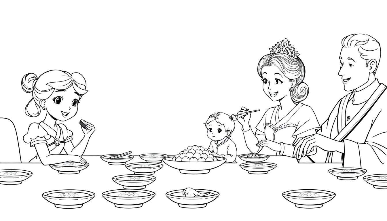 Zwart-wit kleurplaat van een koninklijke familie die dineert aan een lange tafel.