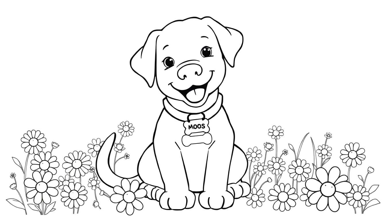 Kleurplaat van een lachende labrador puppy genaamd Moos met een botvormig naamplaatje aan zijn halsband, zittend in een veld met madeliefjes.