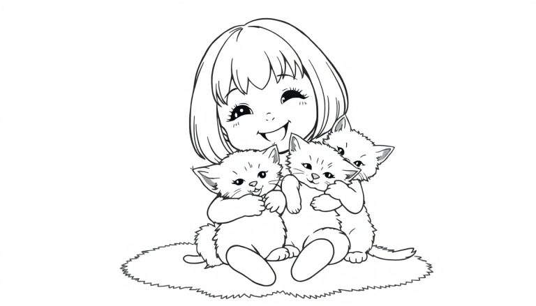 Kleurplaat van een jong meisje met een bob die drie kittens vasthoudt.