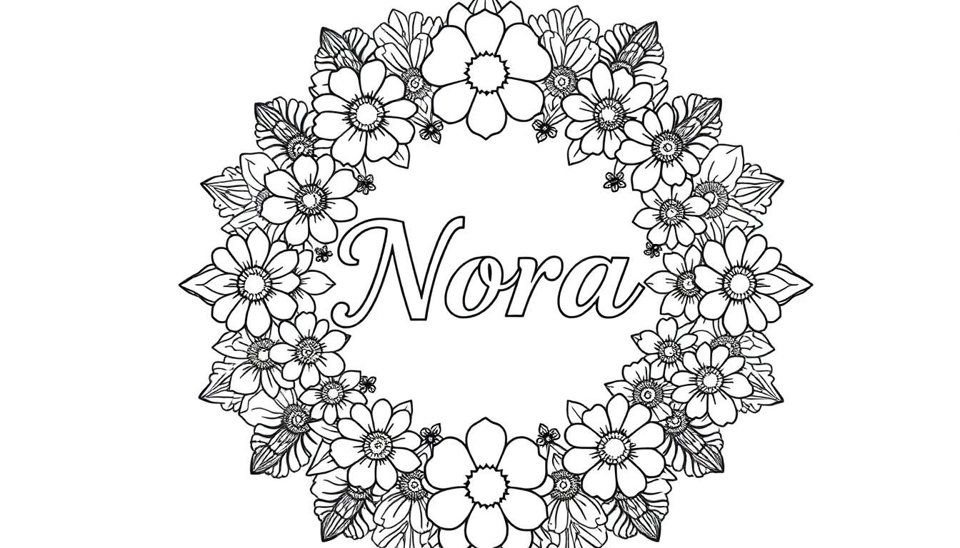 Kleurplaat van een mandala met de naam Nora en bloemen in zwart-wit.