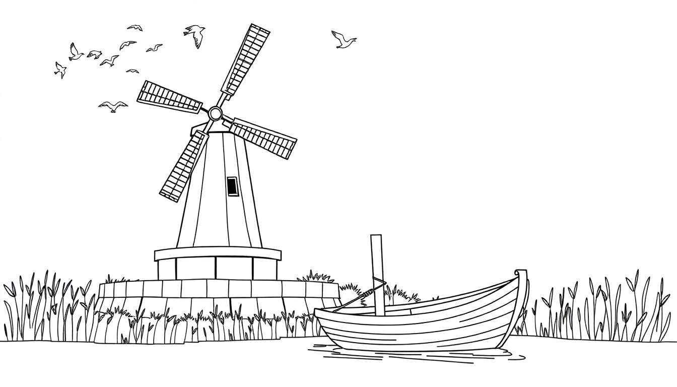 Kleurplaat van een molen op een dijk met een bootje.
