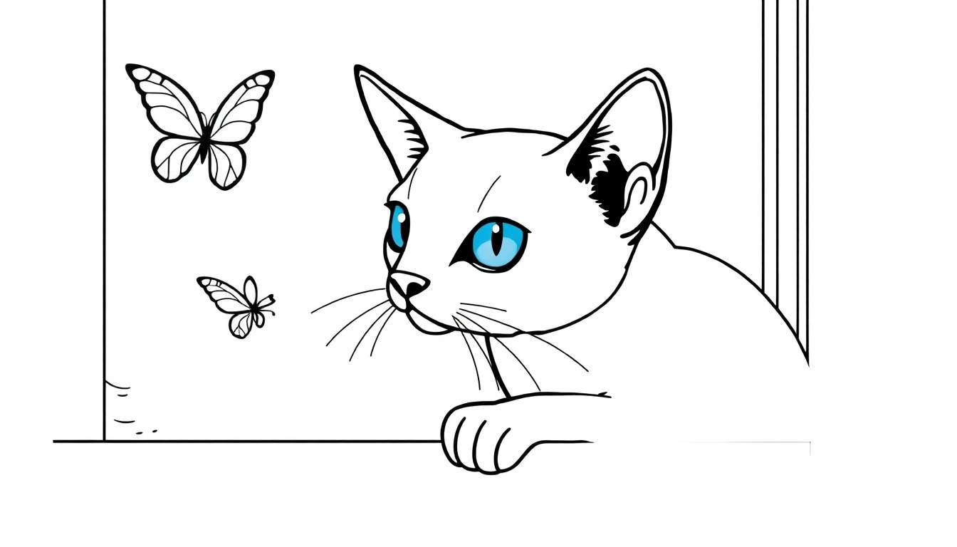 Kleurplaat van een kat die uit een raam kijkt met vlinders.