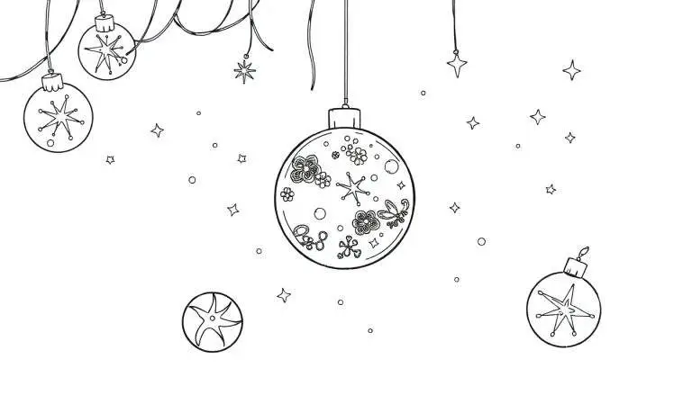 Een kleurplaat van kerstversiering met kerstballen en sterren.