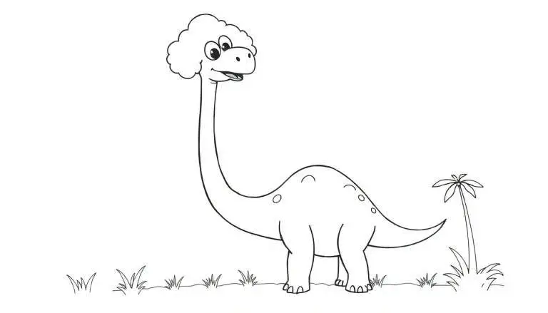 Kleurplaat van een Brachiosaurus met een vriendelijke glimlach en een lange nek.
