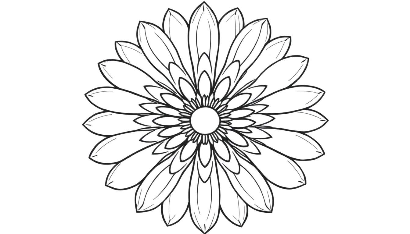 Een zwart-witte schets van een makkelijke bloemen mandala, klaar om ingekleurd te worden.