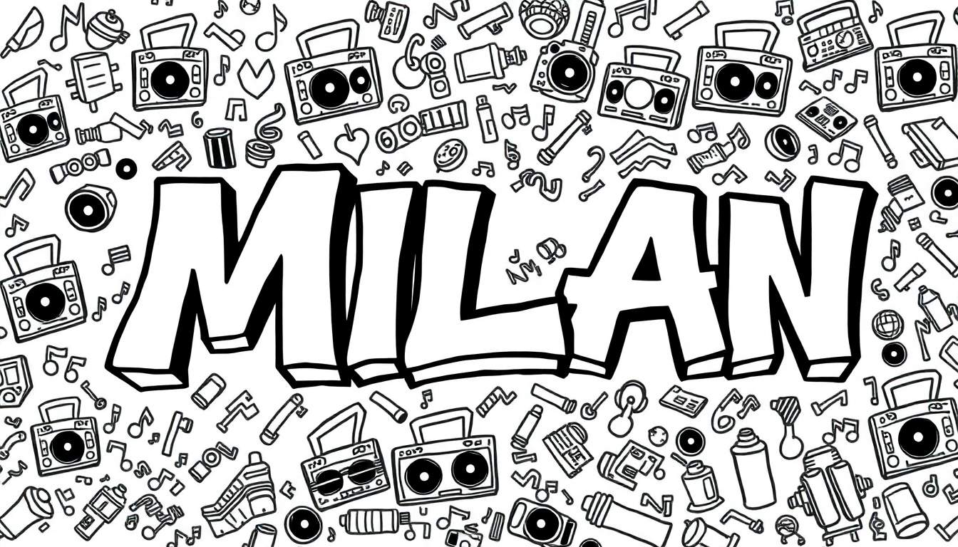 Kleurplaat van de naam Milan in graffiti met muziekachtergrond.