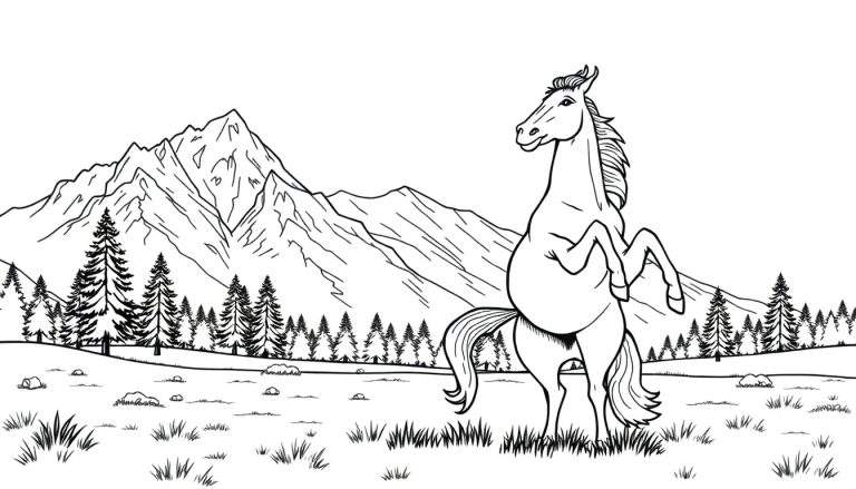 Kleurplaat van een steigerend paard met bergen op de achtergrond.