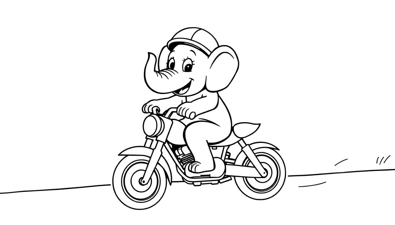 Een zwarte-witte kleurplaat van een blije olifant op een motorfiets, met een helm en snelheidssymbolen.