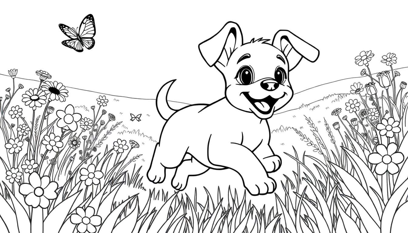Kleurplaat van een vrolijke puppy die achter een vlinder aan rent in een bloemenveld.