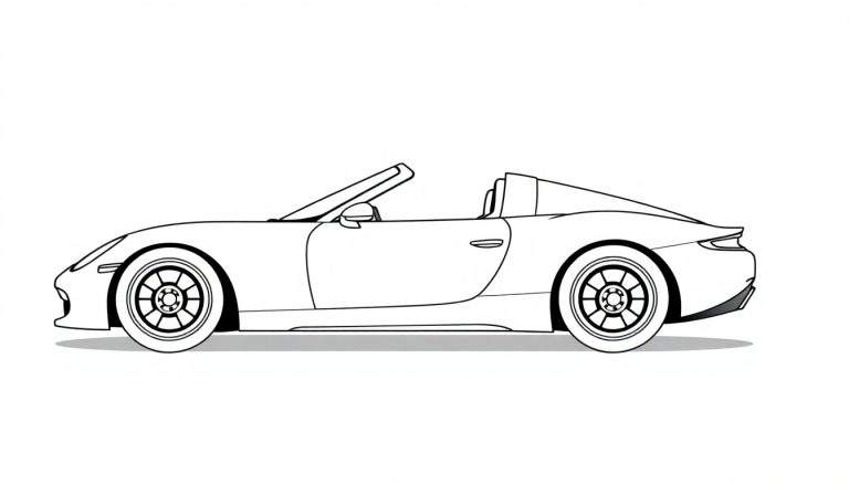Zwart-wit kleurplaat van een sportieve cabriolet racewagen zonder chauffeur, gezien vanaf de zijkant.