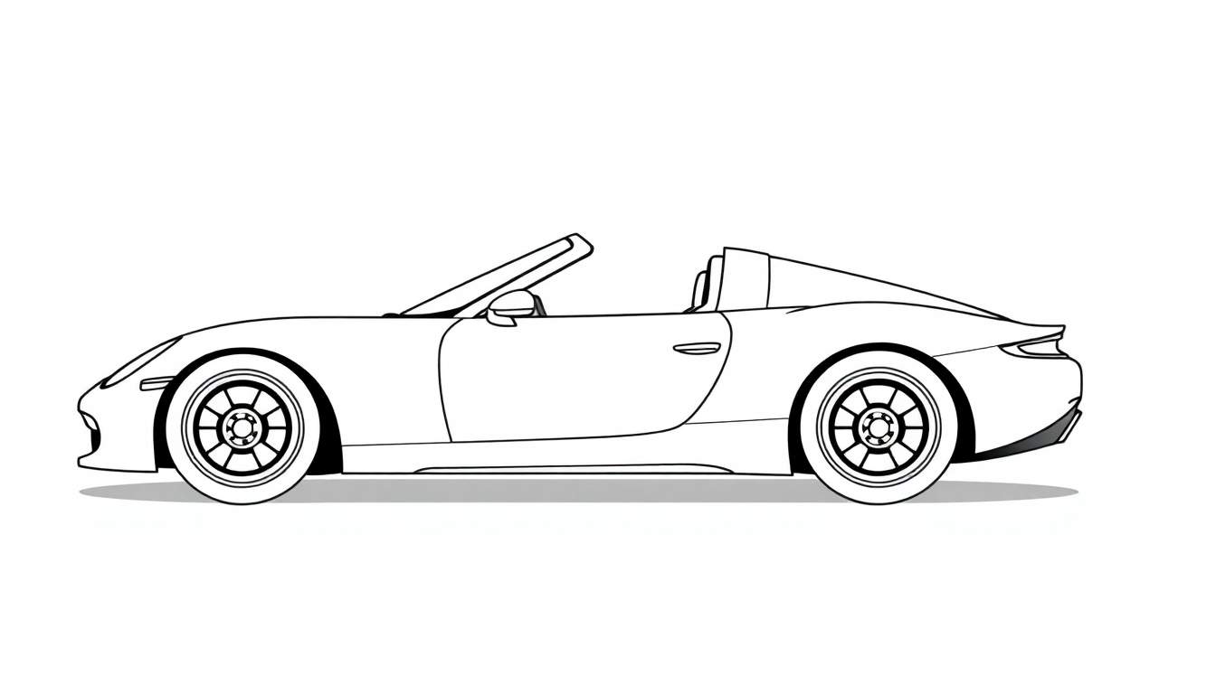 Zwart-wit kleurplaat van een sportieve cabriolet racewagen zonder chauffeur, gezien vanaf de zijkant.