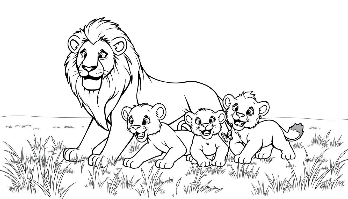 Kleurplaat van een leeuwenfamilie in de savanne met spelende welpen.