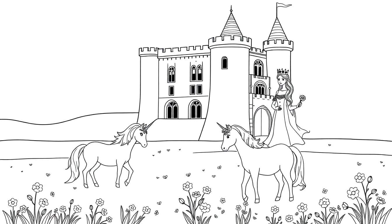 Eenhoorns kleurplaat met koningin en kasteel
