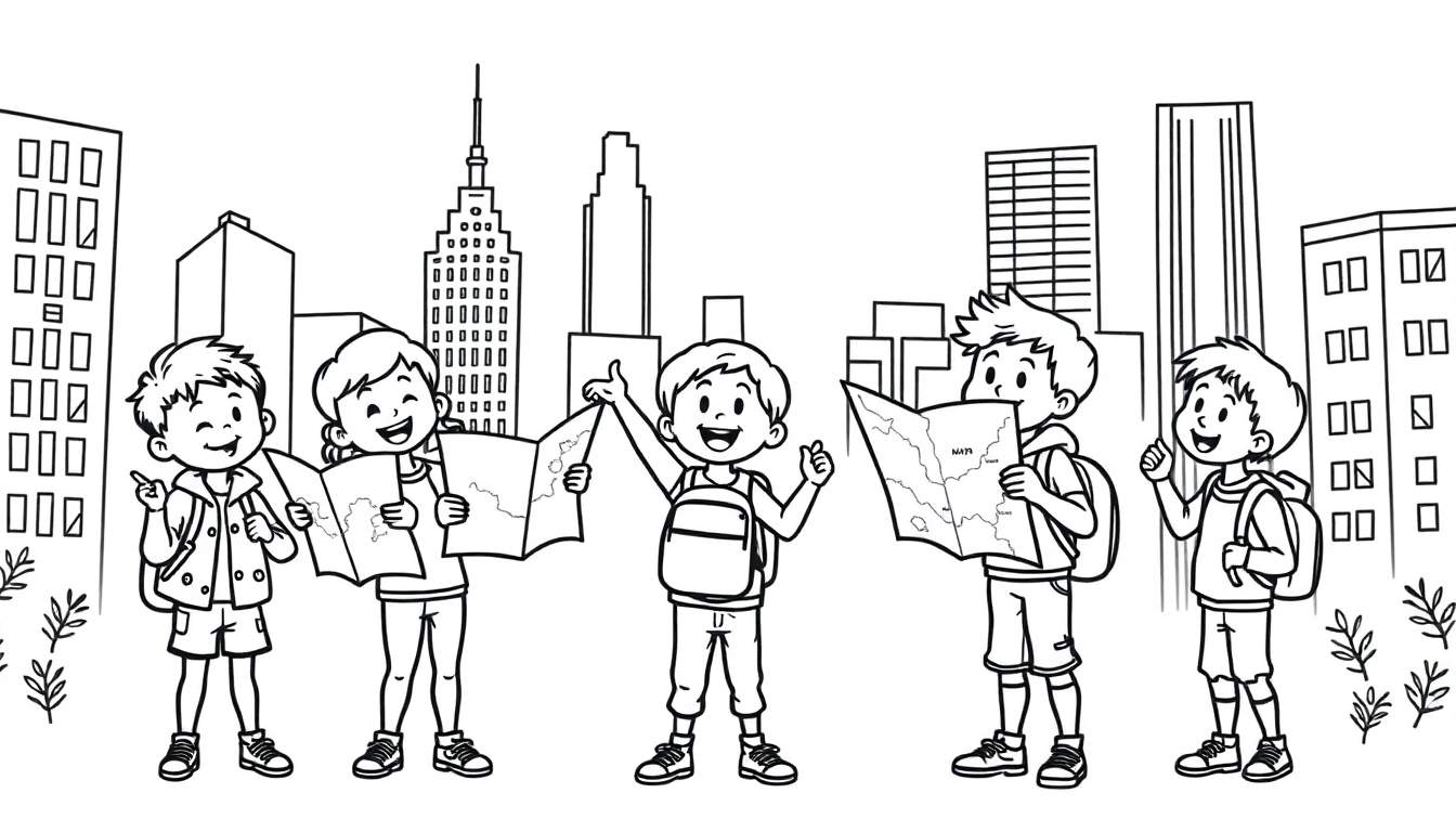Zwart-wit kleurplaat van vijf kinderen met rugzakken die kaarten bekijken, één kind juicht.