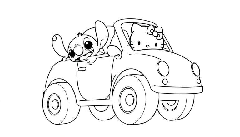 Een zwart-wit kleurplaat van Stitch en Hello Kitty in een auto, waarbij Stitch uit het raam leunt.
