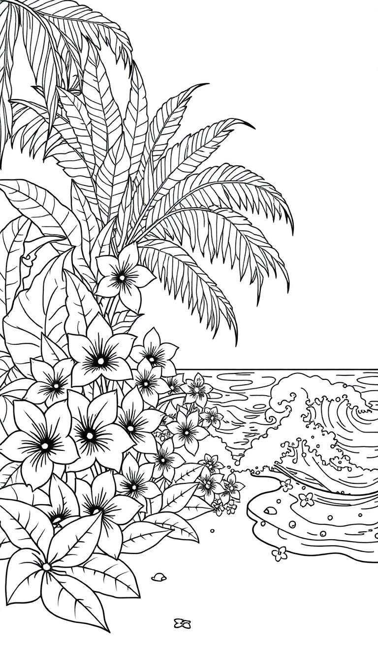 Zwart-wit kleurplaat van een tropisch strand met bloemen en palmbomen.