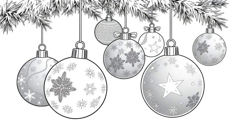 Kleurplaat met kerstballen en dennentak.