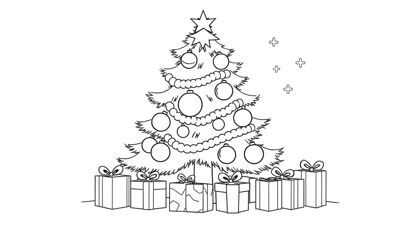 Kleurplaat van een vrolijke kerstboom met ornamenten en cadeaus.
